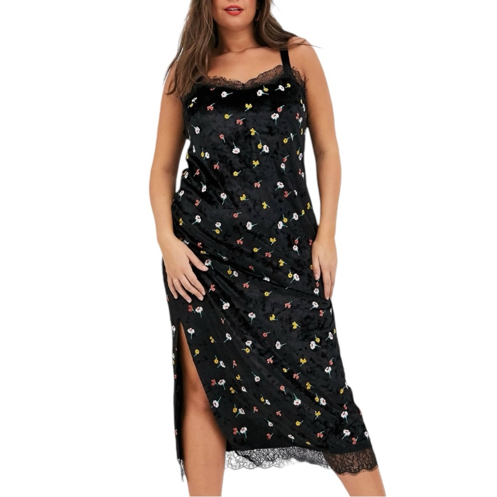 ASOS Curve Embroidered Black Velvet Midi Slip Dress with Lace Trim size 14 NWT